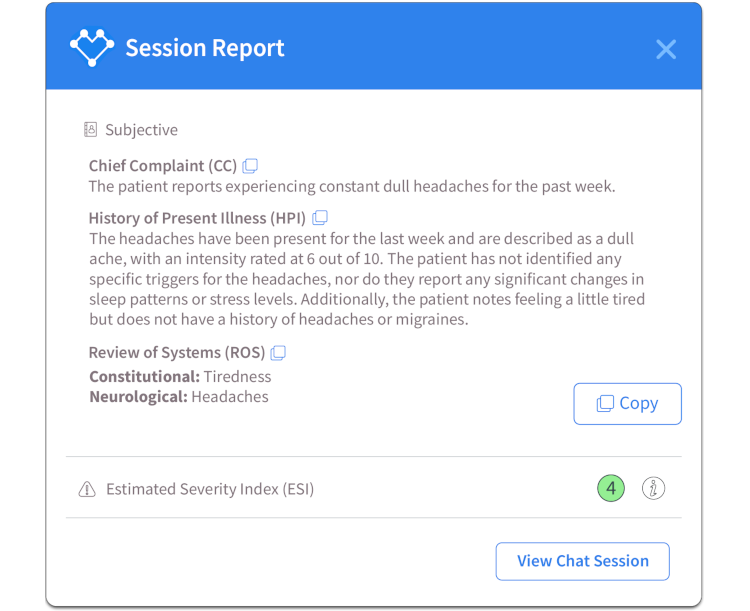Session report generated by ChekMe AI including the SOAP note's subjective section and estimated severity