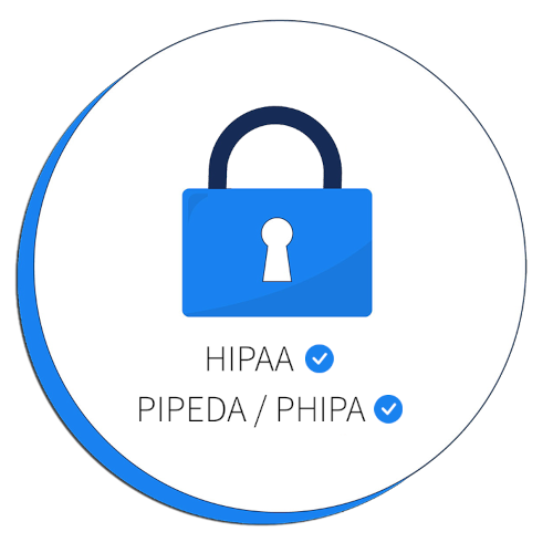 HIPAA and PIPEDA/PHIPA compliant security badge with a blue padlock icon